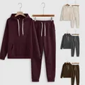 Women's casual drawstring hoodie and sweatpants set in burgundy, beige, grey and brown - Coffee