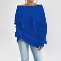Casual bright blue off-shoulder sweatshirt with long sleeves and adjustable drawstring collar - S / Tops / Blue