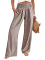 Pantalon large à carreaux marron taille haute avec taille élastiquée froncée chic - Grille Marron