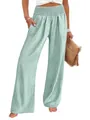 Pantalon large pour femme à carreaux vichy verts et blancs avec taille haute élastique - Carreaux Verts