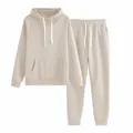 Casual women's beige two-piece loungewear set featuring a drawstring hoodie and sweatpants - Off White