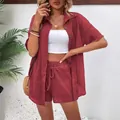 Womens casual 2 piece lounge set with button up shirt and drawstring shorts burgundy - S / Top And Bottom / Burgundy