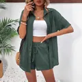 Women's 2-piece summer set with green short sleeve shirt and drawstring shorts - S / Top And Bottom / Green