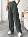 Detailed view of elegant high-waisted straight-leg trousers in olive green with front pleats - Dark Gray