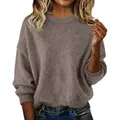 Casual women's loose crew neck short sweater in soft taupe brown knit fabric. - Dark Gray