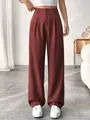 Elegant high-waisted straight-leg trousers in rust red for women, professional look. - Burgundy