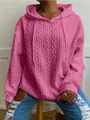 Sudadera con capucha rosa de punto trenzado jacquard para mujer con cordón y diseño casual - Rosa rojo
