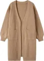 Stilvoller langer Damen-Strickcardigan in Khaki mit offener Front und Taschen - S / Camel