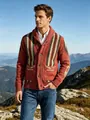 Male model wearing a vintage rust red shawl collar cardigan with stripes in a mountain setting - S / Tops / Red