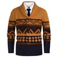 Frontansicht einer geometrischen Herren-Strickjacke mit elegantem Schalkragen-Design - Orange