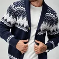 Close-up of navy blue men's cardigan with geometric star and zigzag knit patterns. - S / Tops / Dark Blue