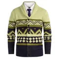 Close-up view of men's slim fit shawl collar knit cardigan featuring geometric pattern - S / Tops / Lemon Yellow