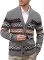 Close-up detail showing the geometric knit pattern of this men's vintage v-neck cardigan - Gray
