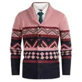 Detail view of men's British style shawl collar cardigan with geometric patchwork pattern - S / Tops / Rose Red