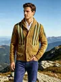 Detailed view of an American vintage shawl collar striped cardigan for men in a scenic mountain setting - S / Tops / Earthy Yellow