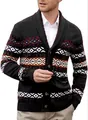Vintage V-neck men's knit cardigan featuring a geometric pattern and shawl collar - S / Tops / Black