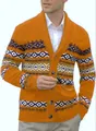 Close-up of the intricate geometric knit pattern on this vibrant orange men's cardigan - S / Tops / Orange
