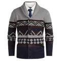 Detail of men's shawl collar cardigan with intricate geometric pattern and button closure. - S / Tops / Gray