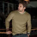 Casual men's khaki knit sweater featuring a classic crew neck and raglan sleeves design - S / Tops / Khaki