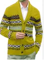 Close-up of men's vintage V-neck knitted cardigan featuring green and purple geometric patterns - S / Tops / Yellow
