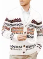 Close-up of men's retro V-neck cardigan with geometric knit patterns and buttons. - S / Tops / White