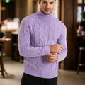 Jersey de cuello alto trenzado morado para hombre, ideal para la moda de otoño e invierno - S / Tops / Violeta