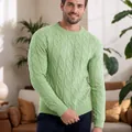 Men's stylish light green cable knit crew neck sweater with a comfortable classic fit - Light Green