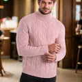 Men's light pink cable knit turtleneck sweater in a stylish slim fit design - Pink