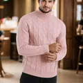Heren coltrui in lichtroze met kabelpatroon en een stijlvolle slim-fit pasvorm - Roze