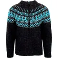 Men's casual slim fit zip-up knit sweater with bright blue geometric jacquard pattern - S / Tops / Black