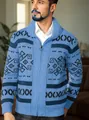 Stylish men's zip-up knitted cardigan with blue geometric patterns and shawl collar. - S / Tops / Sky Blue
