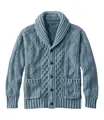 Nahaufnahme eines blauen Strick-Cardigans mit Schalkragen, Knopfleiste und Taschen - S / Oberteile / Seegrün
