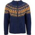Men's navy blue zip-up sweater with orange Fair Isle pattern, slim fit knitwear - S / Tops / Dark Blue