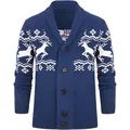 Men's knitted shawl collar cardigan with festive reindeer and snowflake pattern. - S / Tops / Blue