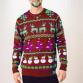 Festive men's burgundy Christmas knit sweater featuring reindeer and snowman patterns - S / Tops / Burgundy