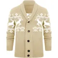 Men's stylish khaki knitted cardigan sweater with white reindeer pattern and shawl collar - S / Tops / Champagne