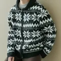 Men's vintage snowflake pattern knitted cardigan with a cozy loose fit in black and white - S / Tops / Black