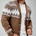 Men's brown knitted cardigan with fair isle geometric patterns for fall winter - S / Tops / Khaki
