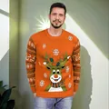 Men's orange knit Christmas sweater featuring a festive reindeer and snowflake pattern - S / Tops / Orange Red