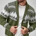 Men's green shawl collar knit cardigan with geometric pattern over white t-shirt, casual - S / Tops / Grass Green
