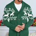 Classic men's green knitted shawl collar cardigan featuring white reindeer and snowflakes - S / Tops / Green