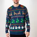 Men's navy blue Christmas knit sweater featuring festive reindeer and snowman patterns - S / Tops / Navy Blue