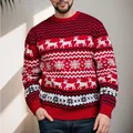Men's festive red knit sweater featuring white reindeer and snowflake Christmas patterns. - S / Tops / Red