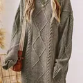 Pull oversize en maille torsadée kaki pour femme, style rétro japonais, coupe longue - S / Hauts / Kaki