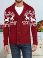 Men's red Christmas knitted cardigan with white reindeer patterns and shawl collar. - S / Tops / Red
