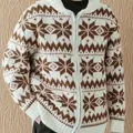 Men's retro loose-fit knit zip-up cardigan featuring a white and brown snowflake pattern - S / Tops / Camel