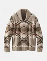 Detailed view of men's retro shawl collar knitted cardigan with tribal pattern print - Camel