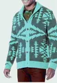 Close-up detail of a vintage men's geometric knit cardigan with shawl collar and buttons - Emerald Green