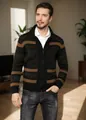 Close-up view of men's knitted cardigan jacket with geometric patterns and zipper. - S / Tops / Black