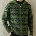 Men's retro green knit cardigan featuring snowflake pattern, full zipper, and ribbed hem - Army Green